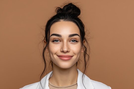 Beautiful woman with a smile, looking at the camera, portrait on brown background