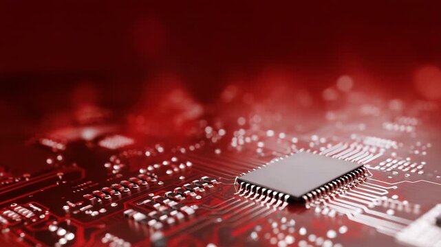 Abstract red circuit board background featuring microchip and electronic components