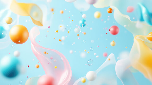 Colorful floating spheres and bubbles on soft blue abstract background with flowing organic shapes