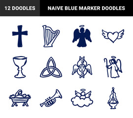 Naklejka premium Christian religious elements for spiritual branding. Naive blue marker sketch illustrations of angels, cross, and nativity in a rustic doodle style.