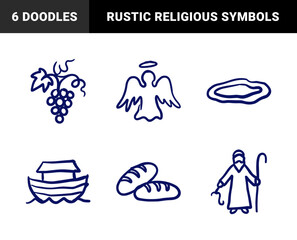 Naklejka premium Biblical story elements and religious symbols in a naive blue marker sketch style for church education and rustic spiritual branding.