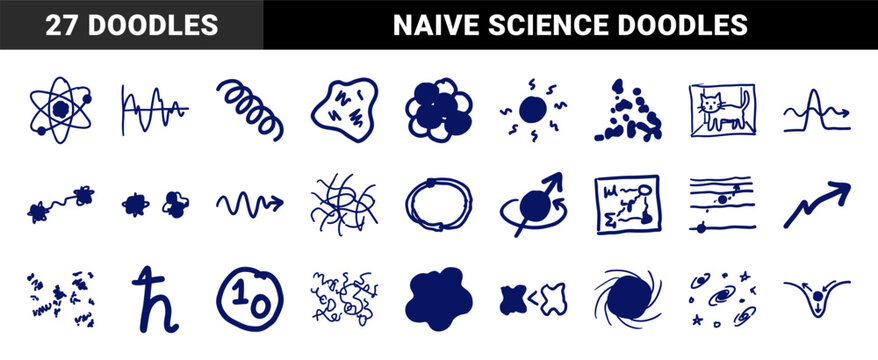 Quantum physics and theoretical science concepts for educational branding. Naive marker doodles of atoms, black holes, and schrodinger cat.