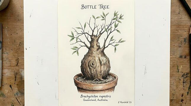 Captivating colored botanical illustration of a unique bottle tree, featuring its striking bulbous trunk and delicate branches in a pot