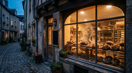 Fototapeta premium A cozy bakery exudes warmth onto a cobblestone street at twilight, showcasing fresh bread and a working baker
