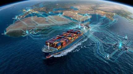 Digital Maritime Logistics with Cargo Ship Cargo Ship Maritime Logistics Digital Technology Shipping Ocean Trade Routes Container Ship. Concept featuring cargo ship, maritime logistics, digital tec... © Oleksandr