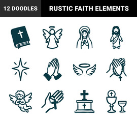 Naklejka premium Christian faith symbols for spiritual branding. Rustic hand-drawn minimalism featuring naive monoline illustrations of religious worship concepts.