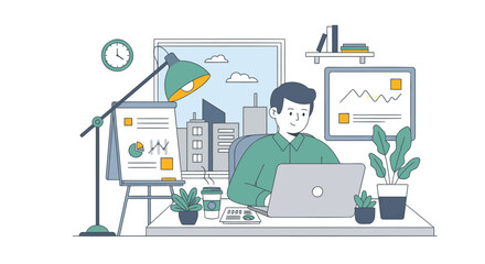 Fototapeta premium Man working on laptop at desk with plants and office supplies