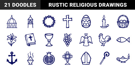 Naklejka premium Christian and Easter religious symbols in a naive blue ink doodle style. Rustic marker sketch illustrations for church and spiritual branding.