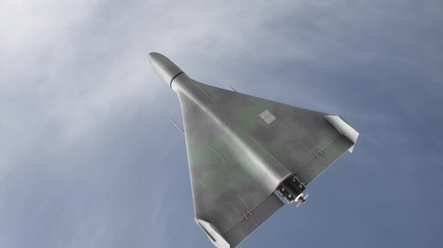 Sweeping Shot Over Shahed 136 Kamikaze Drone Flying Above Light Clouds. Close-up detailed 3d animation. UAV Unmanned Aerial Vehicle. Modern Technology Warfare in the Air. Combat Aircraft.