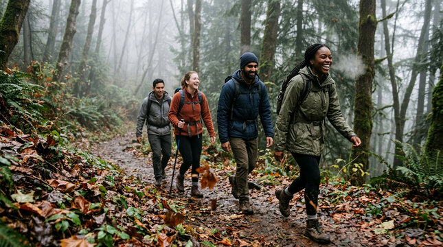 A group of people hiking on a forest path, enjoying the serene ambiance of the woods. The people are laughing and smiling as they walk, suggesting a shared experience