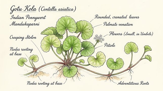 Botanical illustration of Gotu Kola, Centella asiatica, detailing its rounded leaves, stolons, and roots for herbal medicine and plant biology education