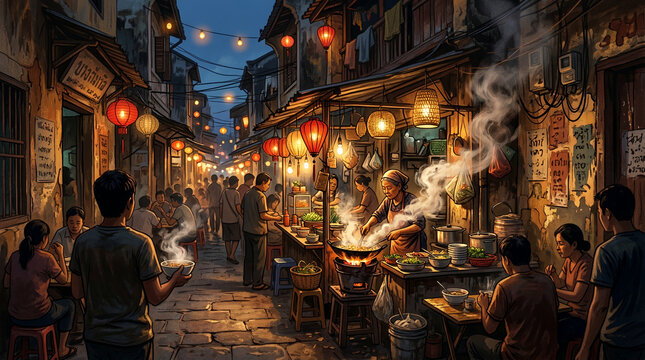 A bustling street food scene at night, filled with life and culinary delights, featuring a group of people enjoying dinner at small tables