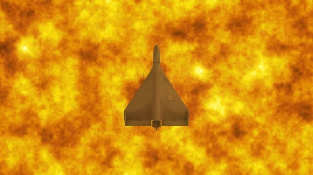 Top Down Abstract View of Shahed 136 Kamikaze Drone Flying Above Intense Fire Below. 3d animation. UAV Unmanned Aerial Vehicle. Modern Technology Warfare in the Air. Combat Aircraft.