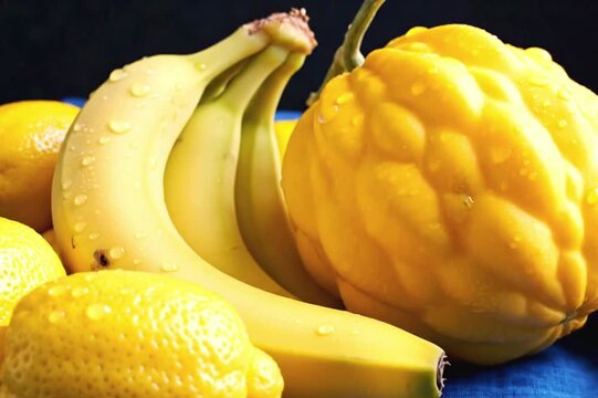 On a blue background are yellow citrus fruits, lemon, banana, and melon.