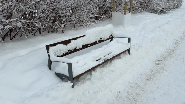 Snow covered bench in a quiet winter park