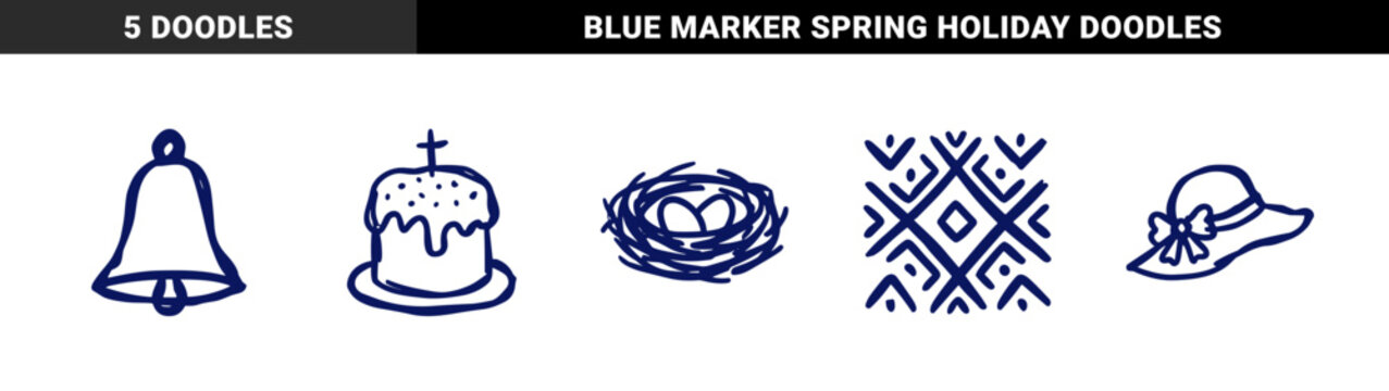 Orthodox Easter celebration elements and Slavic folk motifs in a naive hand-drawn style. Rustic blue ink sketches of kulich cake, nest, and bell.