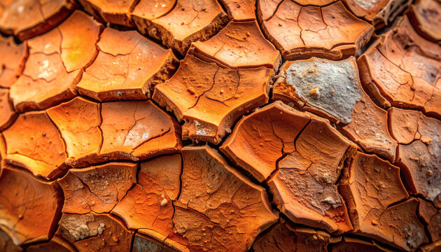 Abstract background of cracked orange clay. Featuring organic geometric patterns, warm terracotta tones, and deep natural crevices. Space for text