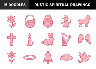 Naklejka premium Religious and Easter themed hand-drawn pink doodles for spiritual branding and holiday stationery. Naive marker sketch illustrations featuring angels, crosses, and spring symbols.