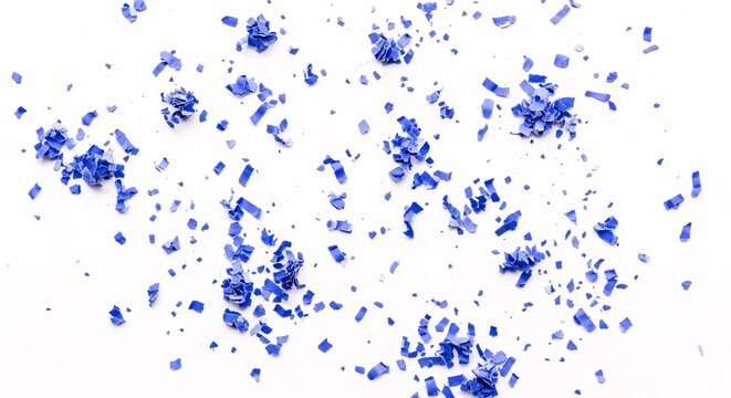 Vibrant blue confetti scattered on plain white surface