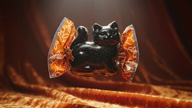 A glossy black cat-shaped candy wrapped in crinkled orange foil, resting on a luxurious velvet fabric.