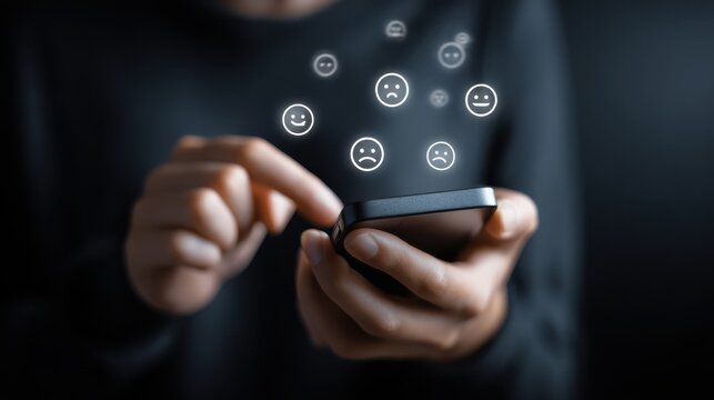 Close-up of young person holding smartphone while multiple blurred negative comment notifications appear around the screen