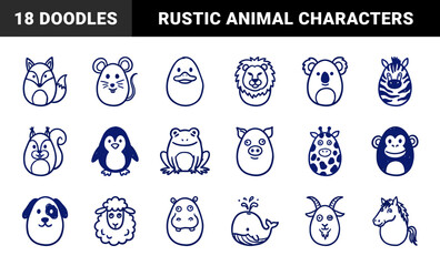 Fototapeta premium Hand-drawn animal faces for nursery branding. Naive blue marker sketches featuring diverse zoo and farm creatures in a cute doodle aesthetic.