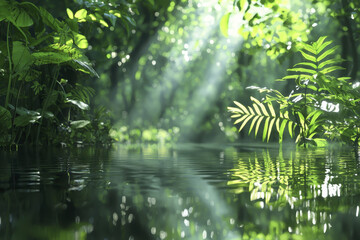 Fototapeta premium Tranquil forest scene with sunlight filtering through lush greenery, reflecting on calm water, creating serene atmosphere