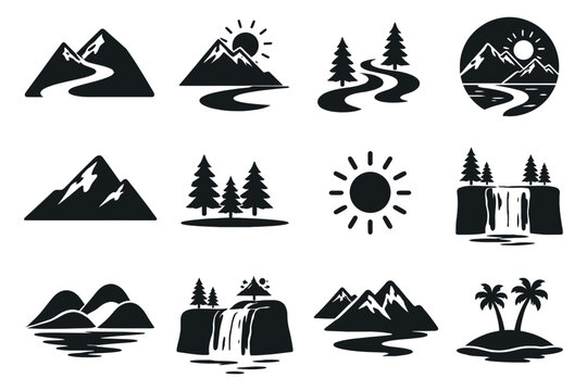 Nature icons with mountain river sun minimal 
