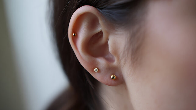 Close-up of a human ear adorned with multiple small, minimalist golden earrings, showcasing modern style and personal aesthetic