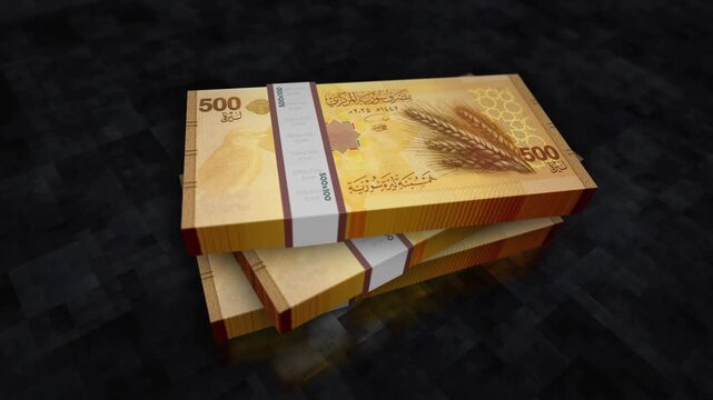 Syria pounds Syrian money pile pack. Concept background of economy, banking, business, crisis, recession, debt and finance. 500 SYP banknotes stacks 3d animation.