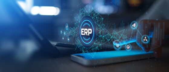 ERP Enterprise Resource Planning System Displayed on Digital Mobile Interface.