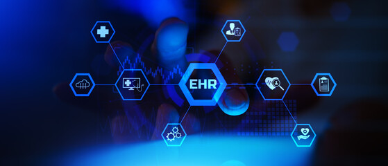 Electronic Health Records EHR System and Patient Data Access Displayed on Digital Medical Interface.