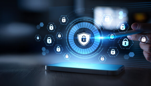 Cybersecurity and Data Protection Interface with Digital Padlock Icons on Virtual Screen.