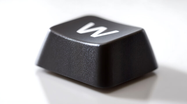 Black Keyboard Key with White Letter "W" in Close-up View, Isolated on a Clean, Bright White Background with Subtle Reflections and Shadows