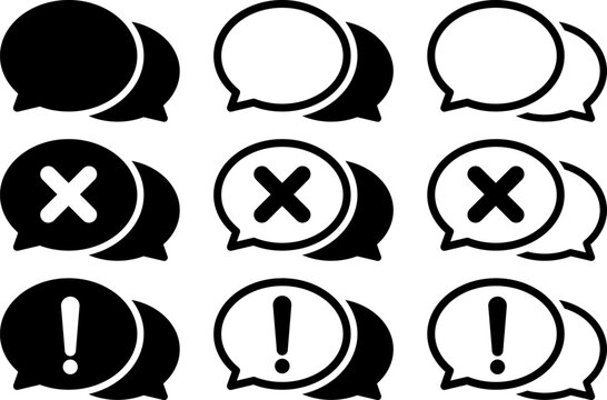 吹き出しのエラー・注意アイコンセット｜送信失敗・警告を表すシンプルUI素材 Chat Bubble Error and Warning Icons Set &ndash; Message Failure and Alert Symbols
