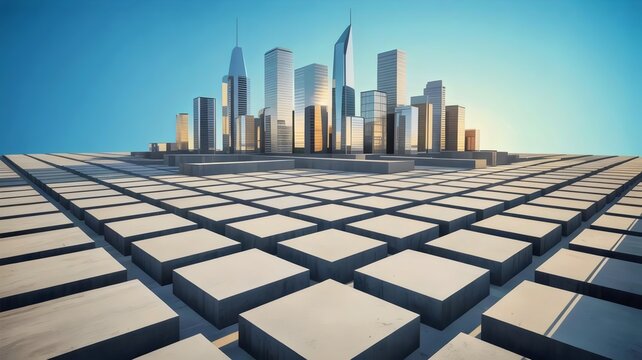 Modern city towers on organized concrete grid &ndash; Great for systematic growth, architecture trends, or civil engineering.