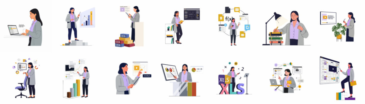 Collection of professional business analyst woman illustrations focusing on data analysis, spreadsheet management, financial reporting, and online learning in a flat design style.
