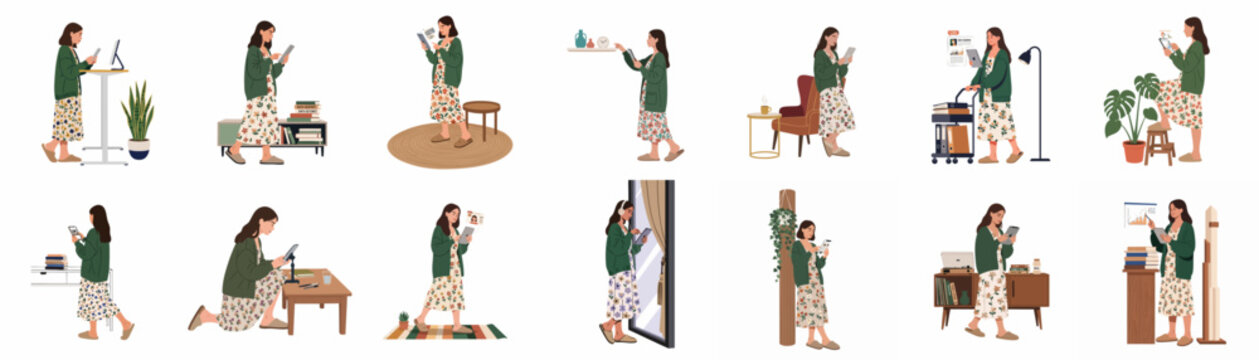 Collection of flat illustrations showing a young woman engaged in various activities at home while using digital devices like tablets and smartphones.