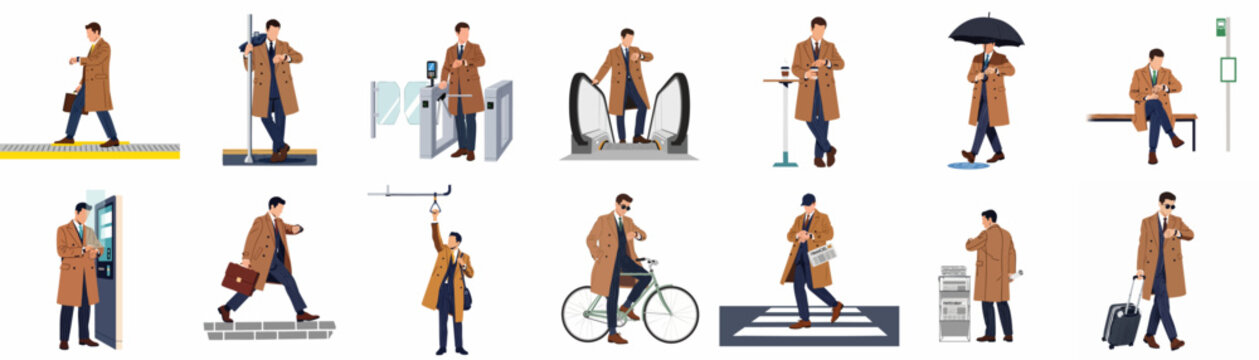 Set of flat vector illustrations depicting a businessman in a brown coat commuting and checking the time in various urban travel situations.