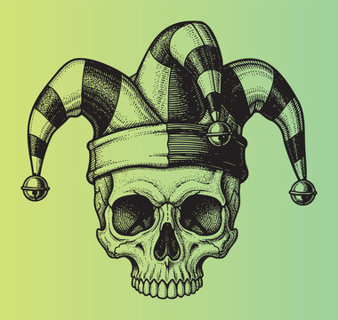 Illustration of a skull wearing a jester hat in detailed line art