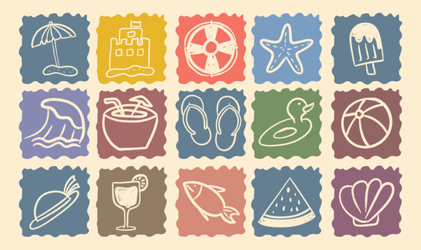 Vintage hand drawn beach postage stamps. Featuring summer icons like sandcastles, waves, and fruit in retro colors. Perfect for tropical vacation designs and scrapbooking