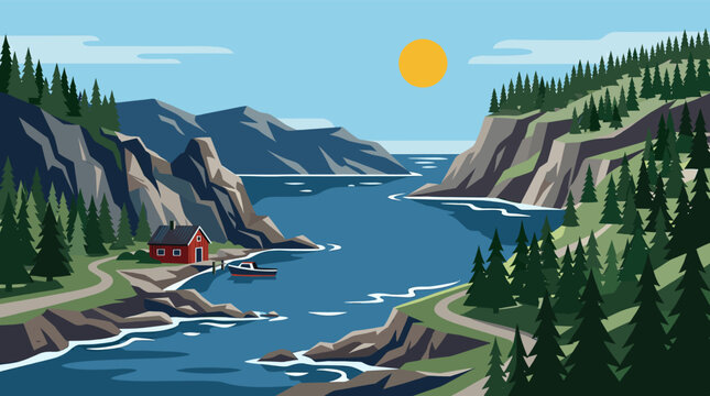 Serene vector illustration of a Scandinavian fjord landscape, featuring a red cabin, a boat on the calm water, and mountains. Ideal for travel brochures, posters, and graphic designs.