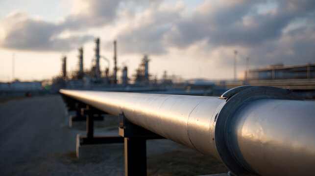 Industrial pipeline extending towards a distant, blurred facility, showcasing infrastructure for energy transport under an expressive sky at sunset