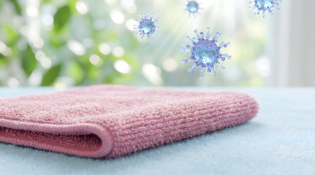 Microscopic Viruses Floating Above a Clean Pink Towel Representing Surface Contamination