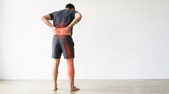 Man Experiencing Sciatica Pain &ndash; Sciatic Nerve Radiating from Lower Back to Leg Medical Concept