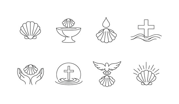 "Christian Baptism Icons". Minimalistic set one-line drawing scallop shell outline, shell over baptism font,