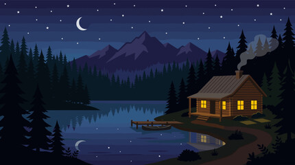 Fototapeta premium Illustration of a cozy log cabin with glowing windows on a serene lake, complete with a boat and starry sky. Evokes feelings of tranquility and rustic charm in a beautiful wilderness setting.