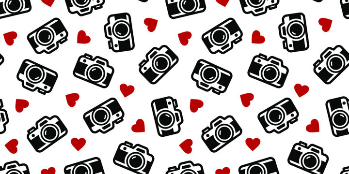 カメラとハートのシームレスパターン背景｜写真が好きな人のための可愛いデザイン　Seamless Camera and Heart Pattern Background &ndash; Photography Love Concept
