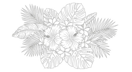 Detailed Outline Drawing of Tropical Flowers and Palm Leaves Arrangement on an Isolated White Background © ikhan