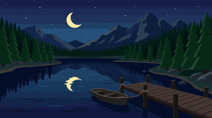 Fototapeta premium A peaceful cartoon illustration of a lake at night featuring a wooden pier, a small boat, a crescent moon, and reflective stars. Ideal for backgrounds or designs.